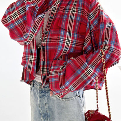 Short Polyester Cotton Collared Elegant Plaid Long Sleeve Shirt Spring Summer Cardigan