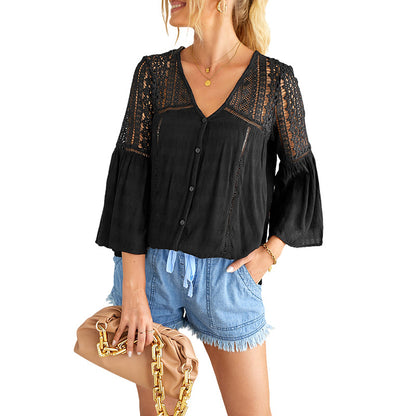 Solid Color Loose Hollow Out Cutout Lace Shirt Chiffon Shirt Women Summer V neck Sexy Top Bell Sleeve