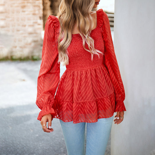 Camisa de color liso para mujer, elegante, de otoño e invierno, con cuello cuadrado y manga larga