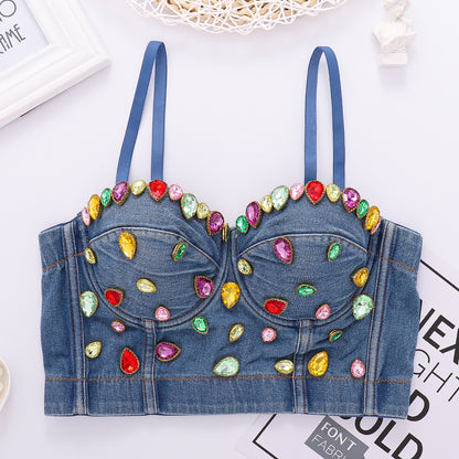 Star Internet Celebrity Stage Corset Gem Colorful Crystals Denim Camisole Women Cropped Tee Dress