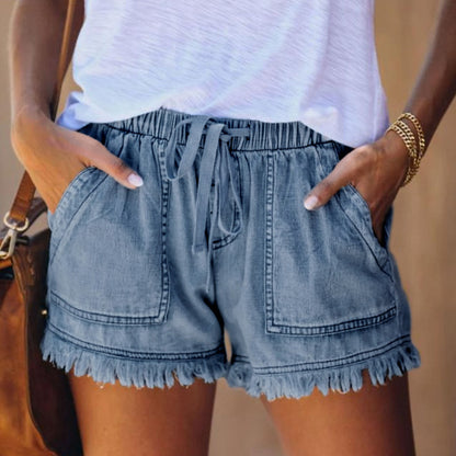 Summer New Elastic Waist Drawstring Casual High Waist Slimming Denim Shorts for Women