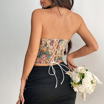 Retro Floral Niche Sling French Court Waist Girdling Band Adjustable Tube Top