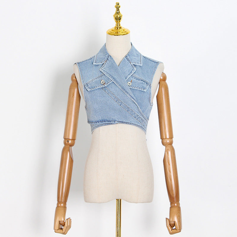 Women Korean Preppy Blazer Spring Polo Collar Solid Color Single Breasted Shirt Denim Lace up Vest