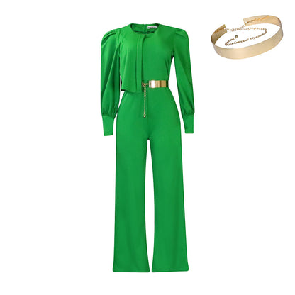 With Belt Women Clothing Spring Long Sleeve Casual Wide Leg Jumpsuit