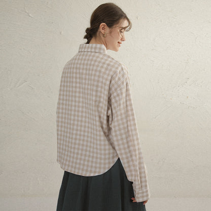 Camisa corta a cuadros de primavera, camisa de manga larga de algodón de lino Retro de nicho, se puede usar sola apilada para mujeres de moda