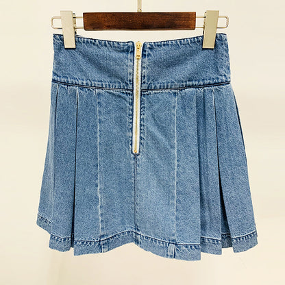 Goods Star Double Breasted Lion Buckle Pleated Wash Denim Skirt Short Skirt