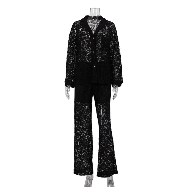 Lace See Through Two Piece Set Women Sexy Sexy Polo Collar Shirt Trousers Suit