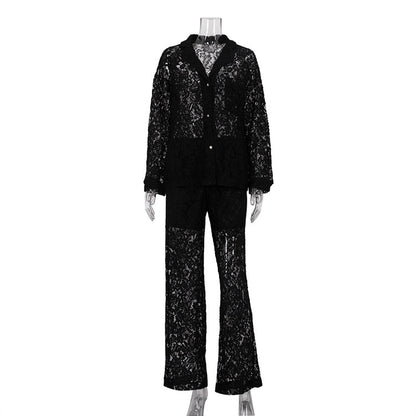 Lace See Through Two Piece Set Women Sexy Sexy Polo Collar Shirt Trousers Suit