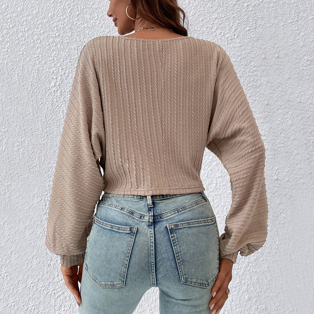 Ropa de mujer Camiseta de cuello en V de moda Otoño Invierno Manga farol Top corto ajustado