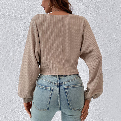 Ropa de mujer Camiseta de cuello en V de moda Otoño Invierno Manga farol Top corto ajustado