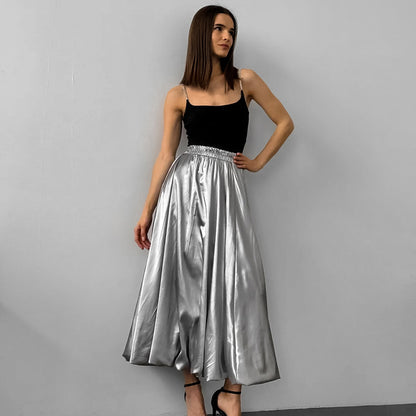 French Design Reflective Cloth High Waist Balloon Autumn Women Long Skirt