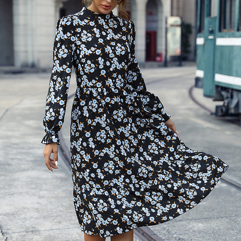 Women Floral Dress Long Sleeve round Neck Elegant Dress for Women