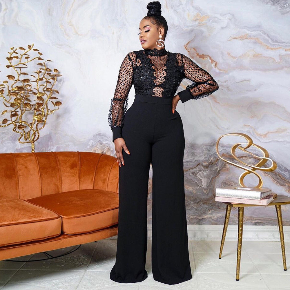 Party Turtleneck Sequin Lace Sheer Long Sleeve Top Loose Jumpsuit Women