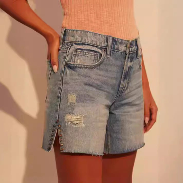 Retro High Waist Side A Linie Denim Shorts Frauen Schlankheits dekorative Hose für Mädchen