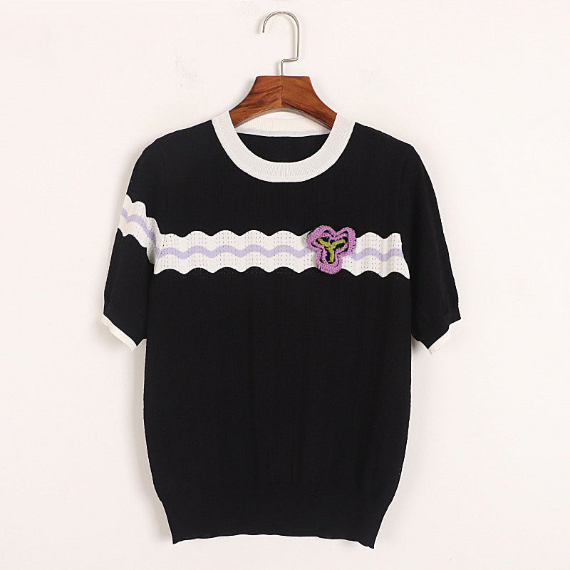 Wave Color Matching Short Sleeve T shirt Thin Summer College Ice Silk Crocheted Pointelle Color Striped Sweater