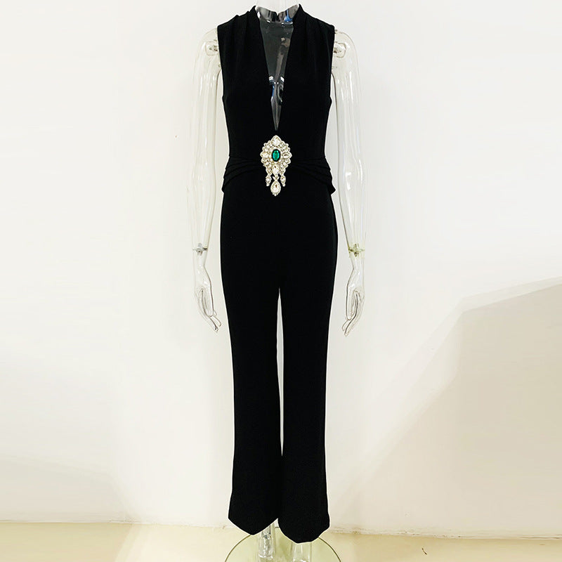 Spring Summer Diamond Beaded V neck Sleeveless Jumpsuit