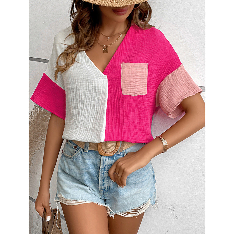 Women Clothing Summer Color Contrast Patchwork Drop Shoulder Short Sleeve Shirt Women