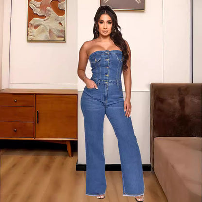 Damen Kleidung Tube Top Off Shoulder Slim Fit Schlankmachender, leicht ausgestellter Jumpsuit Jeans