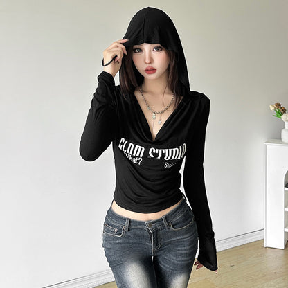 Women Clothing Fall Sexy Hooded Pile Collar Printed Slim Top for Women