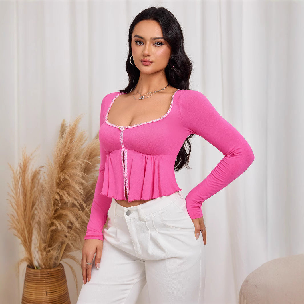 Ropa de mujer Otoño Invierno Rosa Rojo Dulce Camiseta Corta Corta Entallada Sexy Top