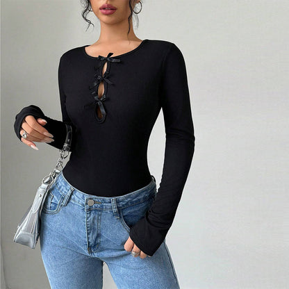 Women Clothing Simple Office T Shirt Autumn Winter Round Neck Slim Fit All Match Inner Bottoming Top