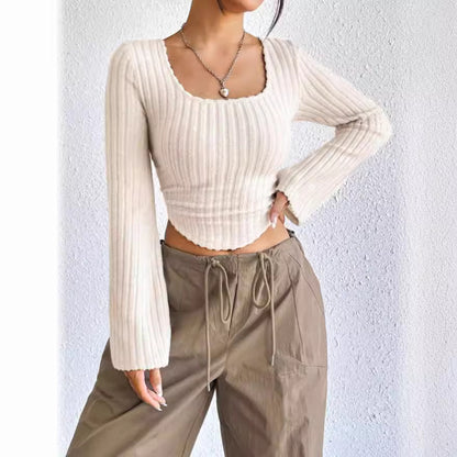 Spring Summer Square Collar Sunken Stripe Trumpet Long Sleeve T Shirt Women