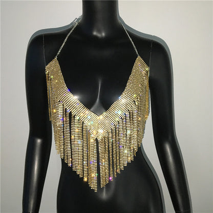 Ropa de mujer Top de diamantes de imitación de metal Traje sexy de fiesta con diamantes de imitación Club nocturno Sexy Sling