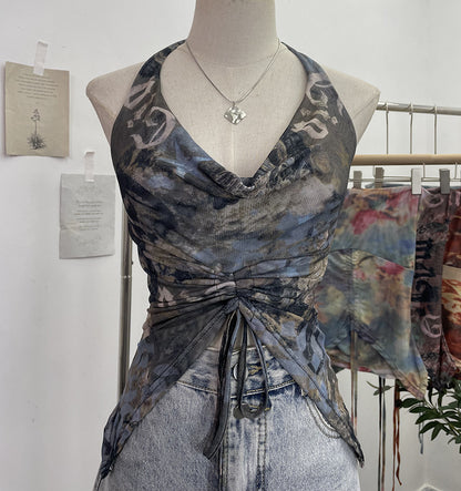 Vacation Halter Swing Collar Drawstring Lace Camisole Tie Dyed Short Mesh Sleeveless Top