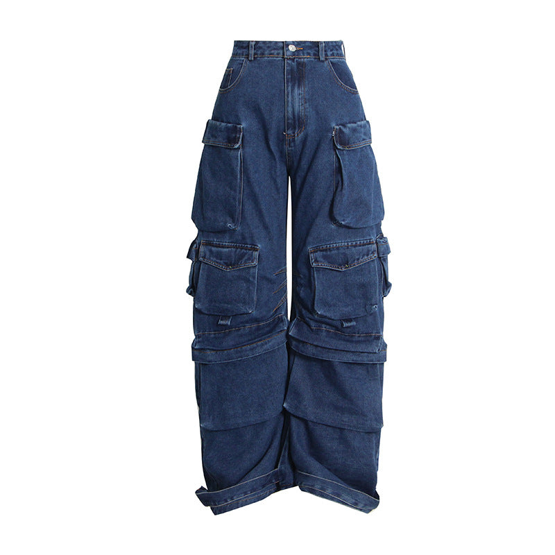 Pantalones vaqueros de pierna ancha con múltiples bolsas, pantalones Cargo de moda para otoño e invierno, pantalones geniales de Hip Hop