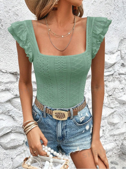 Women Clothing Summer Square Collar Ruffled Slim T shirt for Women