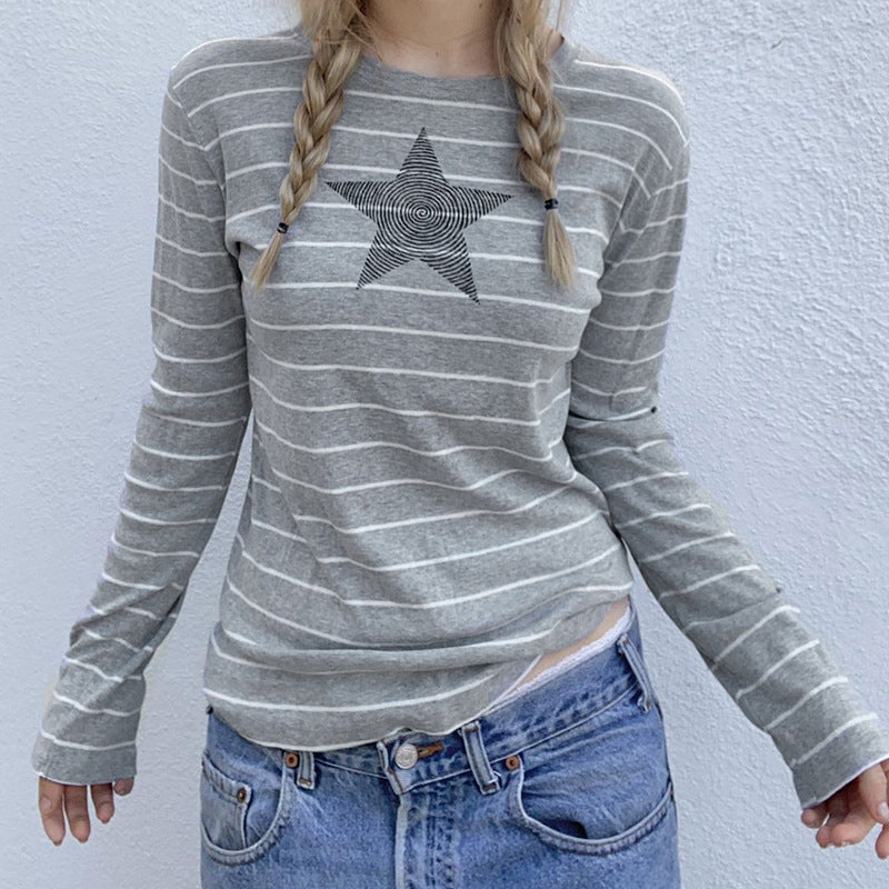 Vintage Stripe Five Pointed Star Printed Crew Neck Casual T Shirt Early Autumn Minority All Match Design Basic Long Sleeve