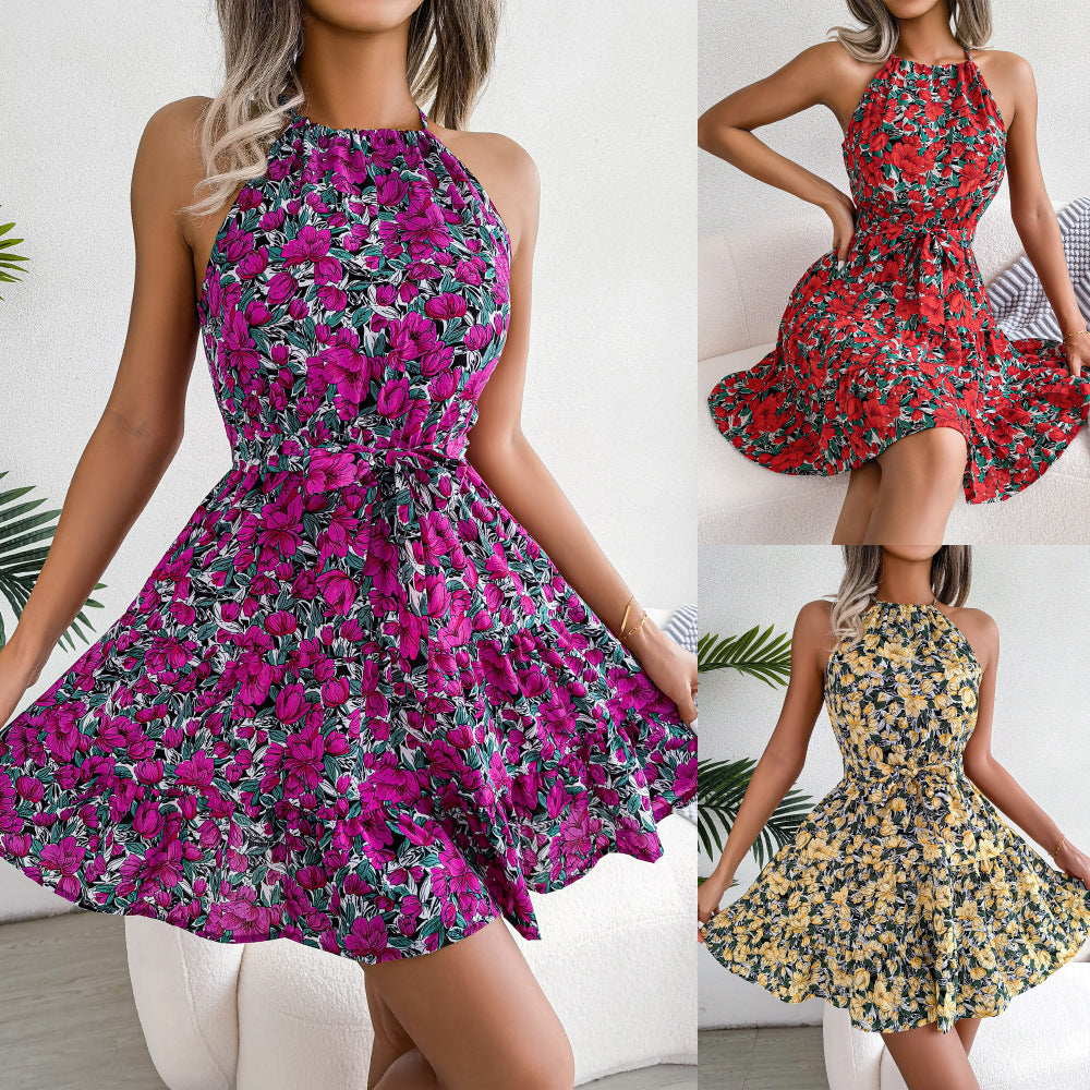 Frühling Sommer Casual gebunden Lotusblatt große Schaukel Blumenkleid Frauen Kleidung