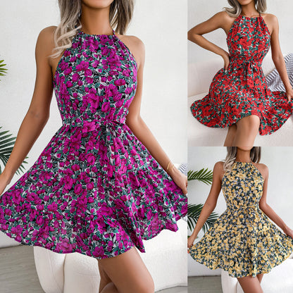 Spring Summer Casual Tied Lotus Leaf Large Swing Floral Dress Women Clothing