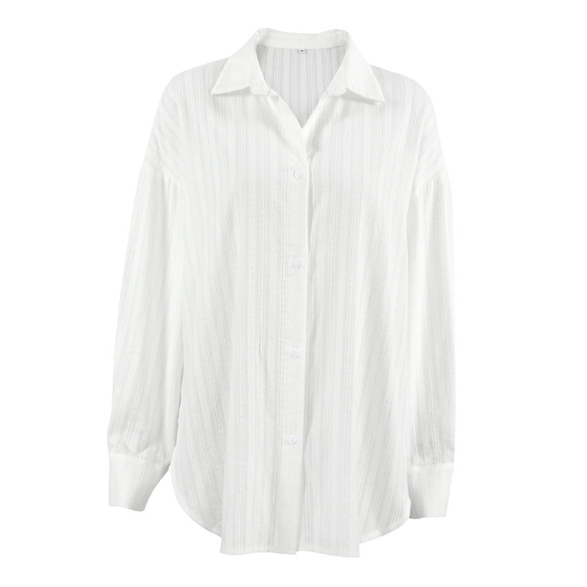 Camisa holgada de cuello convexo en jacquard blanco francés para mujer, cárdigan de oficina de verano