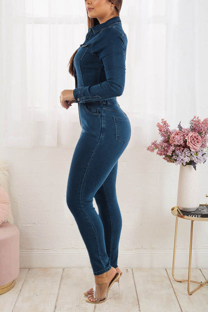 Women Slim Elastic Feet Wash Denim Jumpsuit Jumpsuit