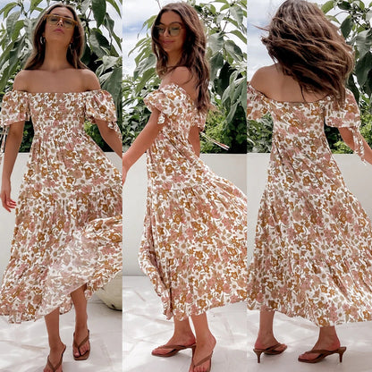 Spring Summer Elegant off-Shoulder Short Sleeve Lace-up Large Maxi Dress for Women