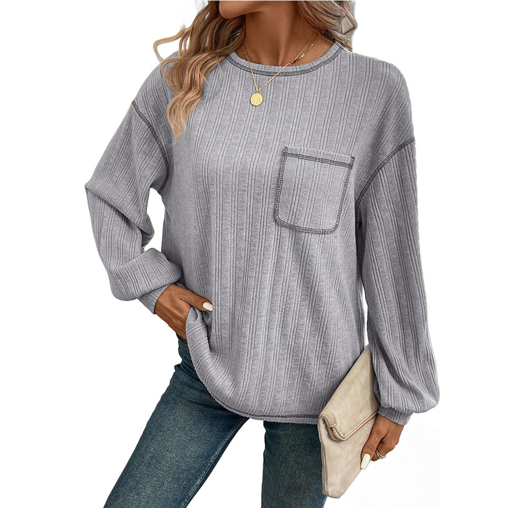 Women Women Sunken Stripe Brushed Solid Color Round Neck Pocket Casual Loose Fitting T Shirt Women