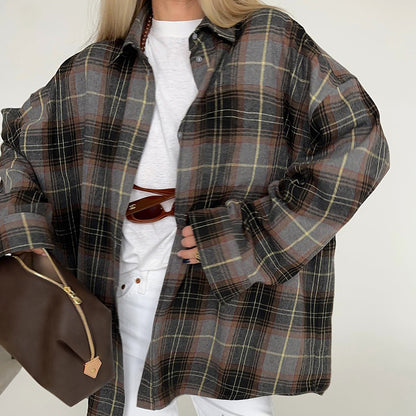 Loose Polo Collar Long Sleeve Plaid Classic Shirt Spring Summer Polyester Cotton All Matching Cardigan Shirt