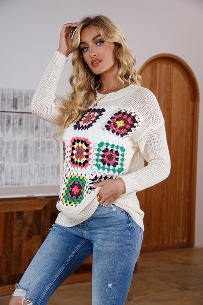 Suéter holgado informal popular de manga larga multicolor con cuello redondo y tejido de crochet, ropa que combina con todo