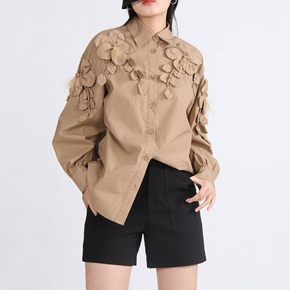 Spring Polo Collar Solid Color Three Dimensional Floral Loose High Sense Oversleeves Women Shirt