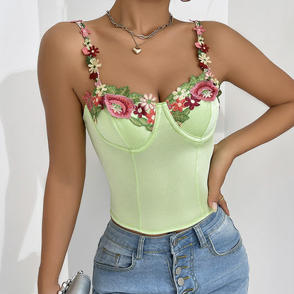 Women Clothing Floral Camisole Top Popular Sexy Vest Ultra Short French Three Dimensional Outerwear