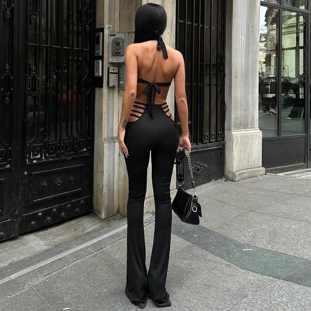 Popular Summer Sleeveless Lace up Backless Slightly Flared Wide Leg Jumpsuit for Women