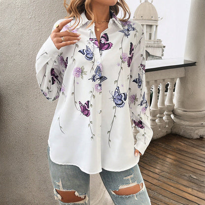 Women Shirt Spring Summer Printed Cardigan Long Sleeve Top