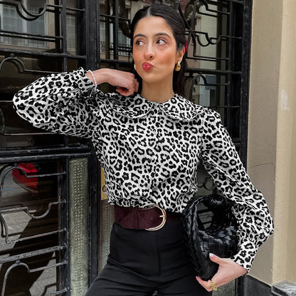 Camisa de mujer de manga larga con cuello y estampado de leopardo de algodón sexy Top de primavera y verano