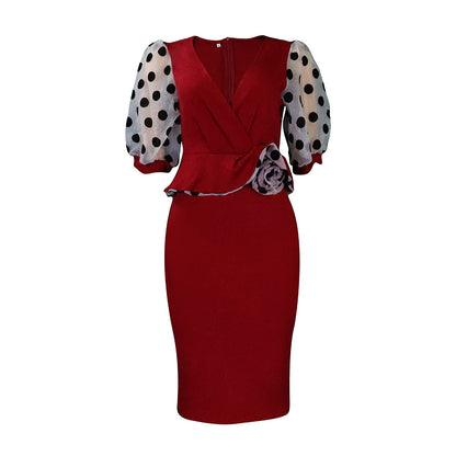 Women Summer Knitted Stitching Dotted Prints Puff Sleeve Pencil Dress 3D Decoration