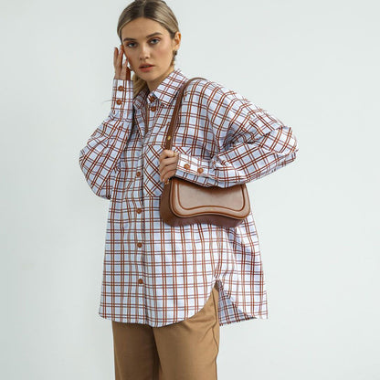 Frauen Herbst Langarm Plaid Shirt Retro Alle Passenden Kragen Lose Hemd