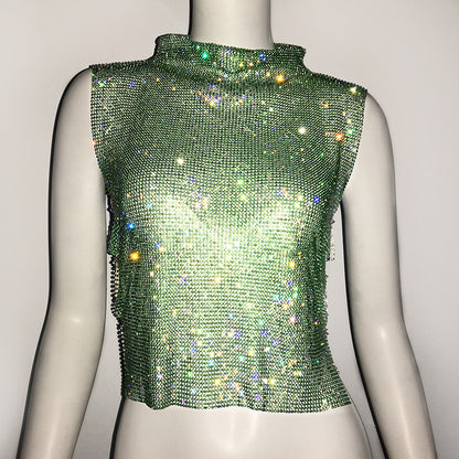 Ropa de mujer Chaleco con diamantes completos Cuello alto de lujo Top con diamantes de imitación Chaleco sexy para discoteca sexy