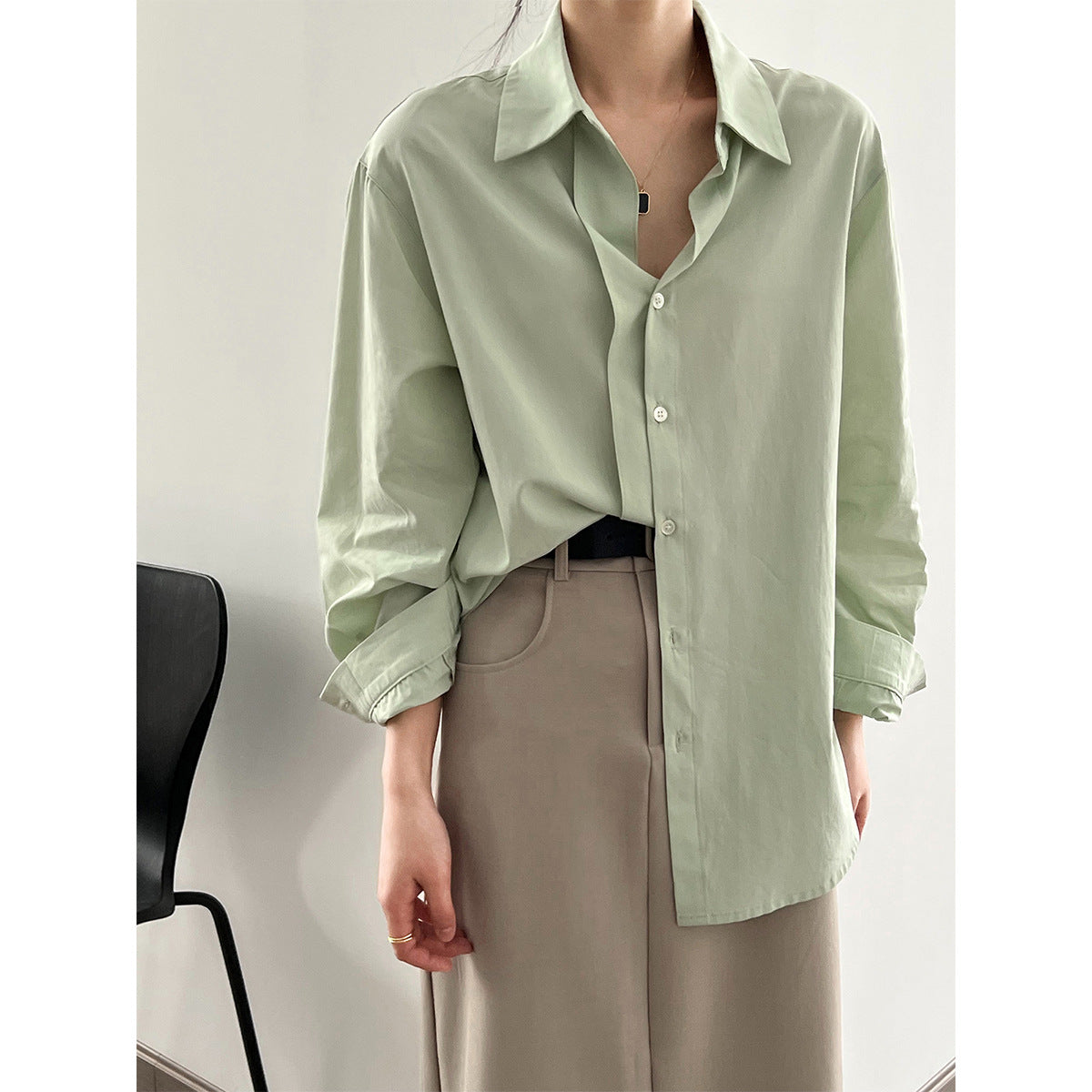 V Neck Shirt Women Spring Korean Niche Loose Slimming Draping Long Sleeve Shirt