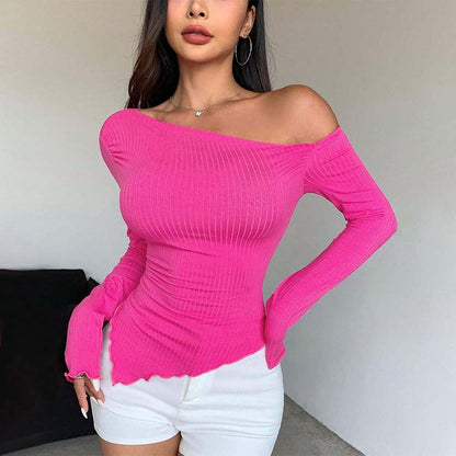 Frauen Kleidung Sexy Rose Rot T-shirt Herbst Winter Süß Würzig Eine Schulter Kalte Schulter Langarm Kurze Top