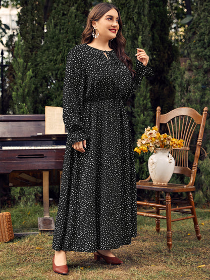 Plus Size Women Dress Polka-Dot Loose-Fitting Girls Long Sleeve Dress